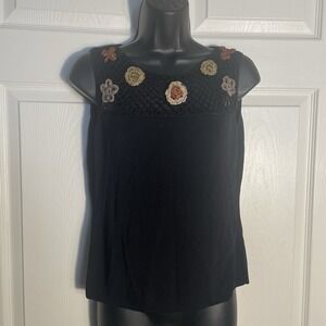 Vintage Joseph A Shirt Women M Black Knit Crochet Flower Detail Y2K Tank Top